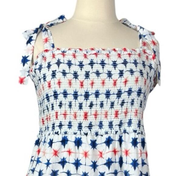 J. Crew Dress Smocked Tie Sleeves Sundress Red Blue Stars Women’s Plus Size 2X - Picture 7 of 14